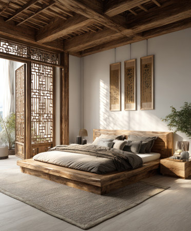 This image presents an interior bedroom featuring a large wooden bed as the focal point. The scene is dominated by warm tones of wood, with a blend of natural light and soft shadows, creating a tranquil atmosphere. It features an Asian-inspired design and is suitable for architectural and interior design projects.の素材