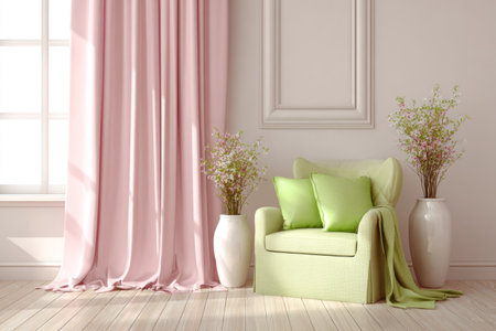 An inviting interior scene features an armchair with green pillows, soft pink curtains, and decorative vases. The composition incorporates natural lighting, creating a bright and airy ambiance. This image could be suitable for various design, lifestyle, or home decor projects, and is ideal for both commercial and editorial purposes.の素材