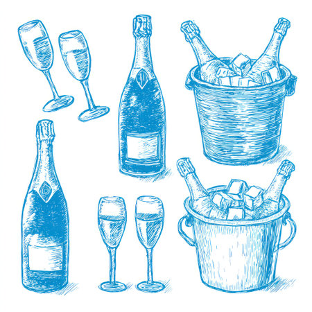 This illustration showcases a collection of champagne bottles, glasses, and ice buckets in a sketched style. The composition features a blue color palette with detailed line work. It may be suitable for celebratory designs, event promotions, or editorial content related to beverages. The image provides copy space for text.の素材
