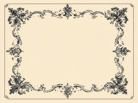 This image features a detailed decorative frame with intricate floral and scroll patterns. The composition displays a symmetrical design in black against a cream-colored background, creating a vintage aesthetic. It is suitable for design projects, invitations, and other creative purposes. The frame offers copy space for text.の素材