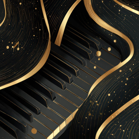 An artistic image presents a piano keyboard alongside flowing black and gold decorative elements. The composition features a close-up perspective, showcasing detailed textures and subtle lighting. Suitable for various applications, this image offers a sophisticated aesthetic, making it ideal for design and editorial purposes.の素材