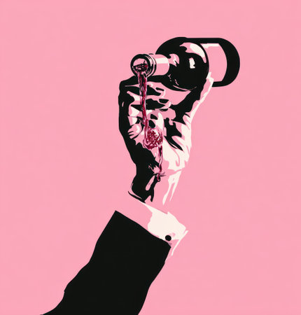 An illustration depicts a hand gracefully pouring wine from a bottle. The image features a two-tone color scheme, with black and white tones. The hand is the primary focus against a solid pink background, creating a visually striking composition. This style is suitable for various promotional materials or editorial content.の素材