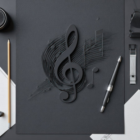A striking composition presents a textured black treble clef and musical notes, centrally placed on a dark surface. The artwork features a minimalist aesthetic with high contrast and overhead lighting. Various stationery items like a pencil, pen, and blank paper complete the scene, suitable for diverse creative projects.の素材