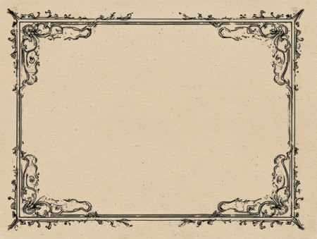 An ornate decorative frame features intricate floral and scrollwork designs. The frame is rendered in dark lines against a beige background, providing a vintage aesthetic. This illustration is suitable for various design applications, from invitations to decorative accents and offers a classic look. The piece has applications in graphic design or editorial projects.の素材