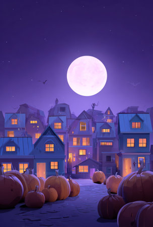 An illustration depicts a town under a moonlit sky with pumpkins in the foreground. Buildings with lit windows and a large full moon create a peaceful night scene. This image could be used for various commercial projects and editorial content.の素材