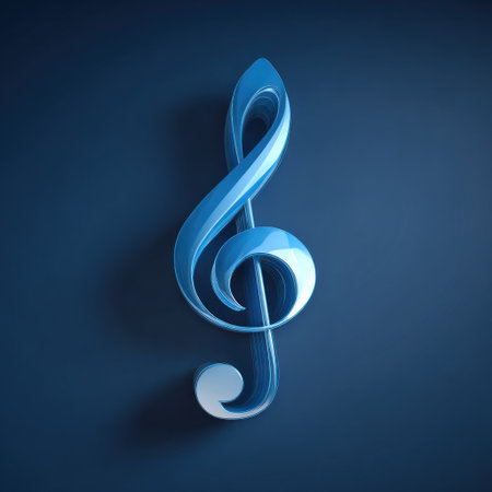 A shiny, three-dimensional blue treble clef is centered against a dark blue background. The lighting highlights the curved form, giving the design a modern, sleek appearance. This image might be suitable for musical projects, graphic design elements, or website backgrounds, offering a clean, professional aesthetic.の素材