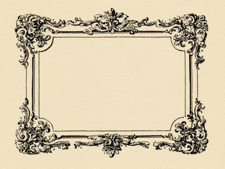 An antique-style frame is presented featuring an elaborate floral and scroll design. The black line art contrasts against the neutral background, creating a visually balanced composition. Suitable for design projects, the image evokes a sense of vintage aesthetic. It is ideal for presentations, adding a decorative element to various contexts.の素材