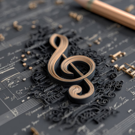 A close-up image showcases a gold and black treble clef crafted on a textured surface, surrounded by musical notes. The composition is set against a backdrop of musical sheets and a pencil. This artistic piece employs a low angle view with soft lighting and shadow for potential use in editorial or commercial projects.の素材