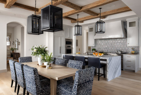 A spacious kitchen and dining area features a modern design. The composition reveals a wooden table and patterned chairs. The lighting includes hanging lanterns and spotlights. It is a well-lit, contemporary interior with potential applications in home design or architectural publications.の素材