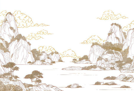 This image presents a serene landscape rendered in gold line art. Mountains and water are depicted, complemented by clouds. The composition features a symmetrical arrangement, offering a sense of balance. It's suitable for various applications, including print media, and commercial projects.の素材