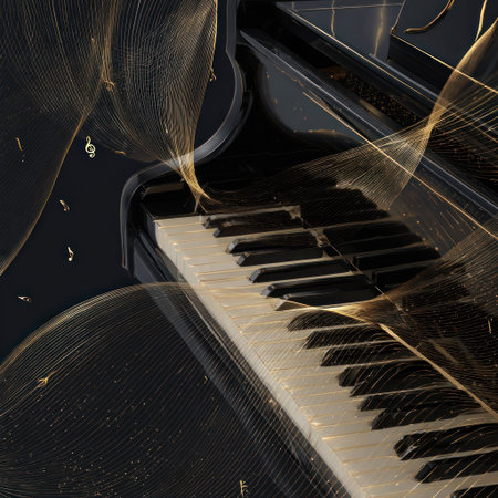A close-up shot showcases a black grand piano with its ivory keys, set against a dark backdrop. Golden, flowing lines and musical notes evoke a sense of movement and sound. The composition utilizes abstract elements, creating a sophisticated and artistic visual. Suitable for conceptual illustrations or commercial projects.の素材