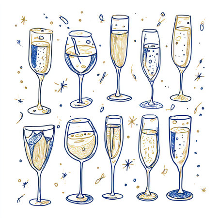 This illustration showcases a collection of various champagne and wine glasses, each with unique shapes and filled with a golden liquid. The artwork employs a sketched style with blue and gold accents, set against a clean white backdrop. Suitable for celebratory or festive themes, the image could be used in design projects or editorial contexts.の素材