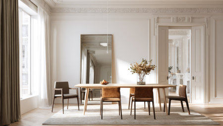 A well-lit interior scene presents a dining area with a long wooden table and multiple chairs. The space features large windows letting in natural light, illuminating the neutral-toned walls and floors. The minimalist design showcases a blend of modern and classic architectural elements suitable for various commercial or decorative applications.の素材