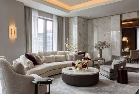 This image showcases a luxuriously designed living room featuring a curved sofa, armchairs, and a central coffee table. The interior displays a neutral color palette with accents of gray and brown, enhanced by natural light. The scene, potentially suitable for interior design or lifestyle publications, highlights comfort and sophistication.の素材