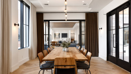 An interior shot captures a dining room featuring a long wooden table surrounded by chairs. The space is illuminated by overhead lighting and natural light filtering through large windows. Neutral tones and dark accents create a sophisticated aesthetic suitable for various applications.の素材