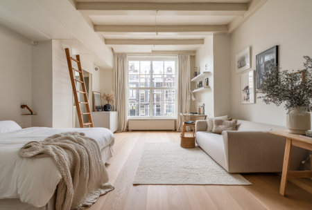 An inviting interior showcases a bed, sofa, and large windows. The scene presents a light color palette, creating a bright and airy ambiance. Wooden beams and a ladder add texture. This image can be used for design inspiration or to showcase interior products.の素材