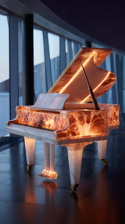 An illuminated grand piano is the central focus, showcasing an ornate design. The instrument's surface is lit with warm, internal lights, set against a dark, reflective floor. Natural light streams through a tall window, creating a serene ambiance suitable for music, performance, or artistic projects.の素材