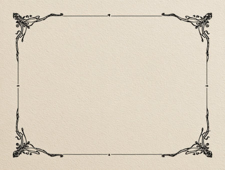 An ornate black frame gracefully borders a light beige background. The frame features intricate floral and abstract designs at each corner. The image displays a vintage aesthetic with fine lines and textured surfaces. Ideal for invitations, announcements, or various design projects requiring a decorative element. This composition is suitable for both print and digital applications.の素材