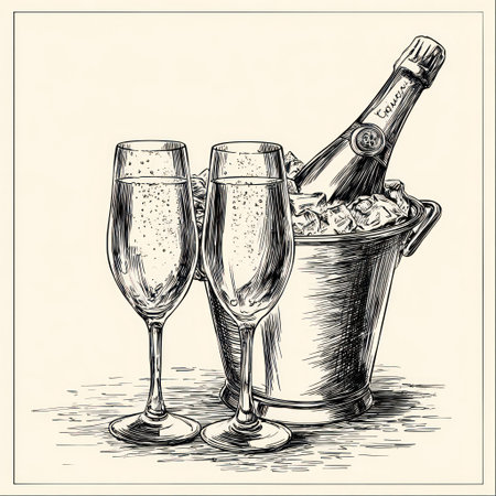 An illustrated image features two champagne glasses near a bucket with a bottle. The image is a pen and ink style with a vintage appearance. The composition emphasizes the glasses and bucket in a neutral tone, implying a special occasion or celebration. The illustration could be used for various commercial or editorial applications.の素材
