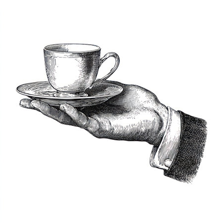 A detailed hand illustration holds a teacup and saucer against a white backdrop. The black and white image features fine lines, highlighting the textures of skin, fabric, and porcelain. Suitable for diverse applications, this artwork could be utilized in design projects related to dining, lifestyle, or vintage themes.の素材