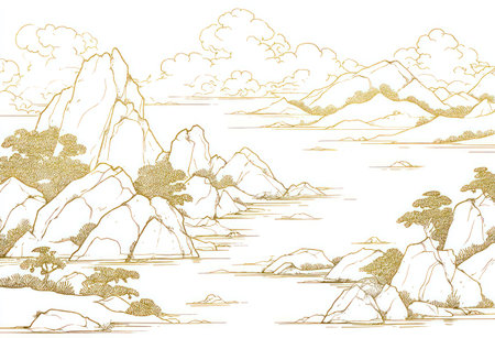 This is an artistic illustration featuring a detailed landscape. The image showcases mountains and a river, rendered in a gold line art style against a white backdrop. The composition is well-balanced, and the use of gold suggests a luxurious or premium feel. It could be useful for various design applications.の素材