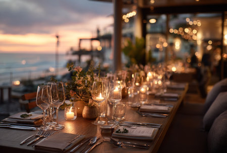 A long table is set with glasses and candles, evoking a warm ambiance. The scene is illuminated by soft lighting, suggesting an evening dining experience. The composition includes an ocean view and a blurred background. Suitable for illustrating events or concepts related to hospitality.の素材