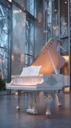 An exquisite white grand piano is the focal point, positioned in front of a modern glass structure. The scene is bathed in soft, warm lighting. The image showcases the piano's ornate details and textures. The composition offers visual appeal suitable for music-related projects and artistic displays.の素材