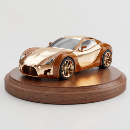 A miniature sports car, rendered in metallic gold and brown, sits on a circular wooden stand. The image showcases the vehicle from a front-quarter perspective. The lighting is bright and even, casting soft shadows. The overall style suggests a studio setting, suitable for promotional materials and product presentations.の素材