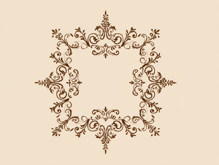 A decorative floral ornament is presented on a cream backdrop. The design displays intricate swirls and patterns, possibly in a vintage or antique style. The warm color palette suggests a classic or refined aesthetic, suitable for use in design projects or print media. The design could be employed commercially for various purposes.の素材