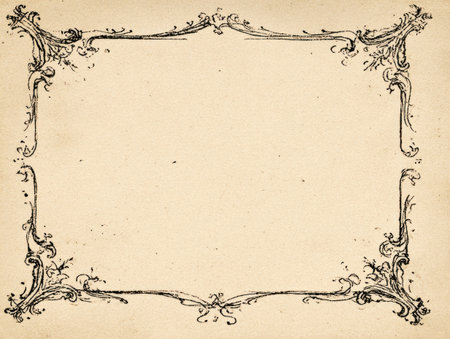 An ornate decorative frame with detailed black line art embellishes a textured beige background. The composition features symmetrical elements and scrolling flourishes suggesting a classical style. The image evokes a sense of nostalgia and is suitable for various design projects, including invitations or announcements. It provides copy space for text.の素材