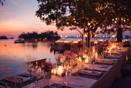 An outdoor dining scene is set near the water during twilight. A long table is decorated with candles, glassware, and floral arrangements. Warm light from the setting sun and string lights creates a romantic ambiance. Suitable for editorial use, the image captures a celebratory moment.の素材