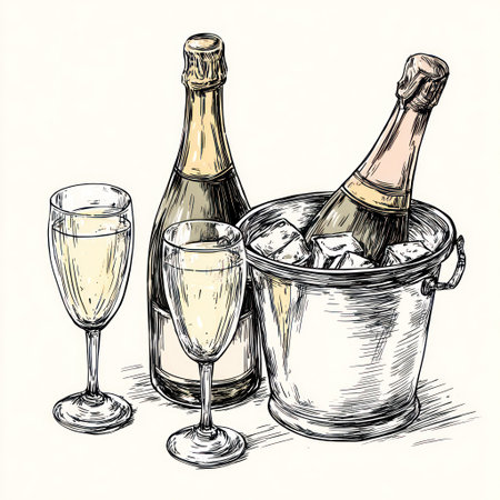 An illustration depicts a champagne bottle, glasses, and a bucket filled with ice. The monochromatic artwork uses hatching and cross-hatching to create depth and texture. The composition suggests a celebratory atmosphere, suitable for various editorial and commercial applications. The scene is presented on a neutral background.の素材