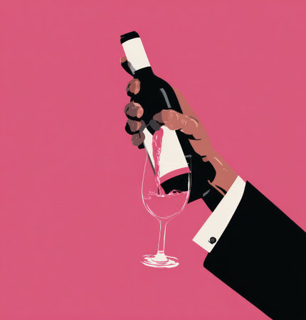 An illustration depicts a hand in a suit pouring wine into a glass. The composition features a bold color palette with the hand and bottle highlighted against a pink background. The image's style is artistic, suitable for commercial projects needing visual elements related to beverages or celebrations.の素材