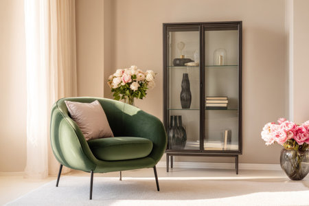 An inviting interior showcases a green armchair with a soft pillow, alongside a display cabinet and floral arrangements. The composition features a neutral color palette with soft lighting, suggesting a calm and comfortable indoor setting. Suitable for various applications, this image can be used for design, home decor, and lifestyle publications.の素材