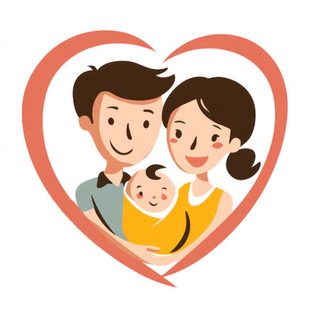 This illustration depicts a family of three inside a heart shape. The cartoon-style image features a mother, father, and baby, rendered in a flat, vector style with soft colors. It suggests themes of love and family. Suitable for use in various commercial and editorial projects.の素材