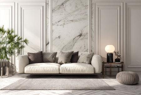 A modern living space features a comfortable sofa with plush cushions, set against a marble accent wall. The room is enhanced by decorative paneling, soft lighting, and a neutral color palette. This interior design concept is suitable for advertising, lifestyle content, and architectural visualizations.の素材