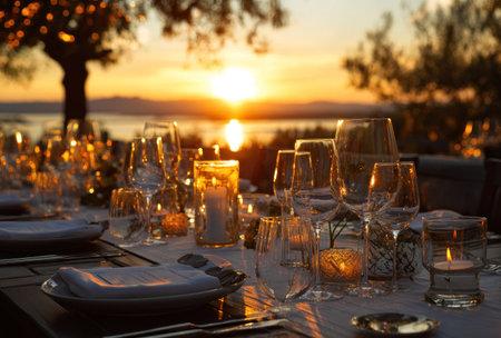 A well-prepared dining table hosts a collection of glassware and candles, illuminated by warm sunlight. The composition features a shallow depth of field, with soft focus on the setting. The scene conveys a sense of celebration. It is suitable for commercial uses related to events and dining.の素材