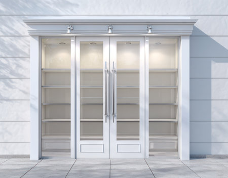 This image showcases a set of pristine white double doors with clear glass panels. The doors, framed in white, lead to an empty interior space, illuminated by overhead lighting. The composition suggests a clean, modern aesthetic with emphasis on simplicity and functionality. This image could be used for various design, architectural, or conceptual projects.の素材