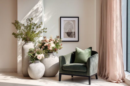 An inviting interior scene features an armchair, framed artwork, and a floral display. Soft, natural lighting bathes the setting, highlighting the textures of the chair, curtains, and vases. The composition suggests a comfortable indoor space suitable for various commercial uses.の素材