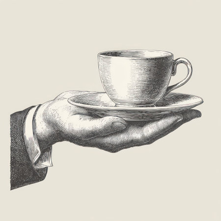 An illustrated hand delicately presents a cup and saucer. The monochromatic artwork features detailed textures and shading. The composition suggests a formal setting, possibly indoors, with soft lighting. Suitable for various editorial and commercial applications. The image evokes a sense of service and tradition.の素材