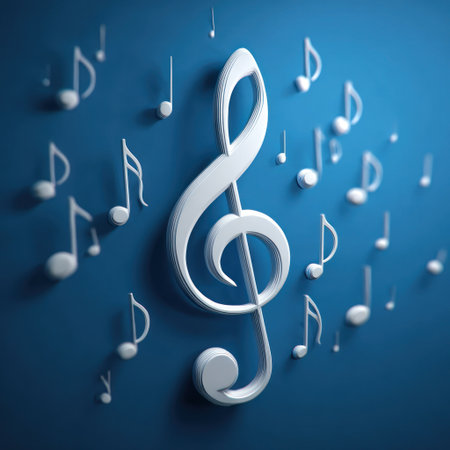 A striking composition features a large, white treble clef and numerous music notes set against a textured blue backdrop. The three-dimensional elements create shadows, enhancing the visual depth and contrast. This artistic design could be suitable for various advertising or editorial projects. The image evokes a sense of creativity and rhythm.の素材