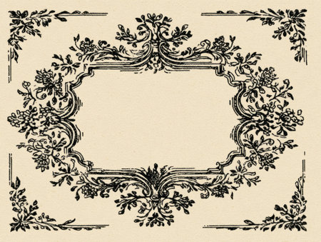 An ornate floral frame features a central blank area, suitable for text or other visual elements. The composition displays detailed black line art on a cream-colored background. The style is vintage, with intricate leaf and flower patterns in an overhead arrangement, suitable for various design applications.の素材