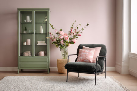 A tranquil interior showcases a dark armchair with pink pillows beside a glass cabinet, complemented by a vase of flowers. Soft lighting illuminates the scene. The composition presents a sense of calm. This image may be suitable for decorative projects, lifestyle content, or illustrating home decor.の素材