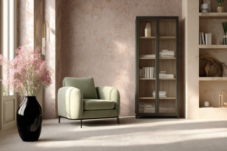 An interior scene features an armchair, cabinet, and decorative vase. The room is bathed in natural light, with warm colors and a soft texture. The composition includes a display case filled with books, suggesting a domestic setting. This image may be suitable for advertising or editorial content.の素材