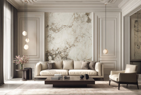 This image showcases a modern living room featuring a comfortable sofa and armchair. The room utilizes a neutral color palette with white walls, creating a spacious and airy feel. The lighting highlights the textures and details of the furniture and decor. This image is suitable for various commercial uses, including interior design and lifestyle publications.の素材