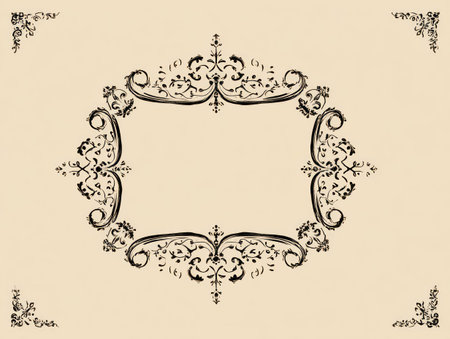 An ornate frame featuring elaborate floral and swirl elements stands against a neutral background. The symmetrical design exhibits fine linework and dark tones. This visual composition could be used for various design projects, including announcements or invitations, or for adding a decorative element to creative concepts.の素材