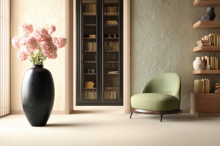 A tranquil interior showcases a large black vase with pink flowers, a comfortable armchair, and a dark cabinet. The scene features soft lighting, a cream-colored floor, and a textured wall. This image is suitable for various commercial uses, including website design, advertising, and editorial content.の素材