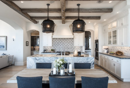 A well-lit kitchen features a central island with countertop. Overhead pendant lights illuminate the space. The kitchen showcases white cabinetry and wooden beams. This image is suitable for use in design, architecture, and lifestyle publications. It can be used for various commercial purposes.の素材
