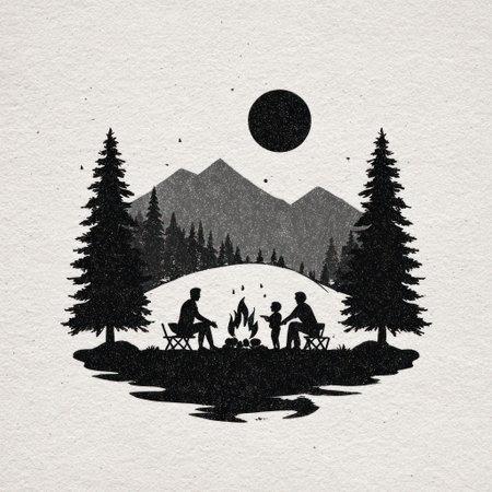 A silhouette illustration depicts a family gathered around a campfire beneath a full moon and mountain backdrop. The monochrome artwork features pine trees, a central fire, and a minimalist style. Suitable for various design projects, it could be used for editorial and commercial purposes.の素材