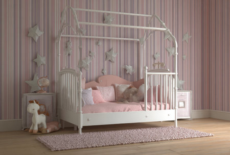 An inviting bedroom scene features a classic canopy bed set against striped wallpaper. The bed is complemented by plush pillows and decorative elements, all in shades of white and pink. The composition evokes a sense of comfort and serenity, suitable for various interior design and lifestyle applications.の素材